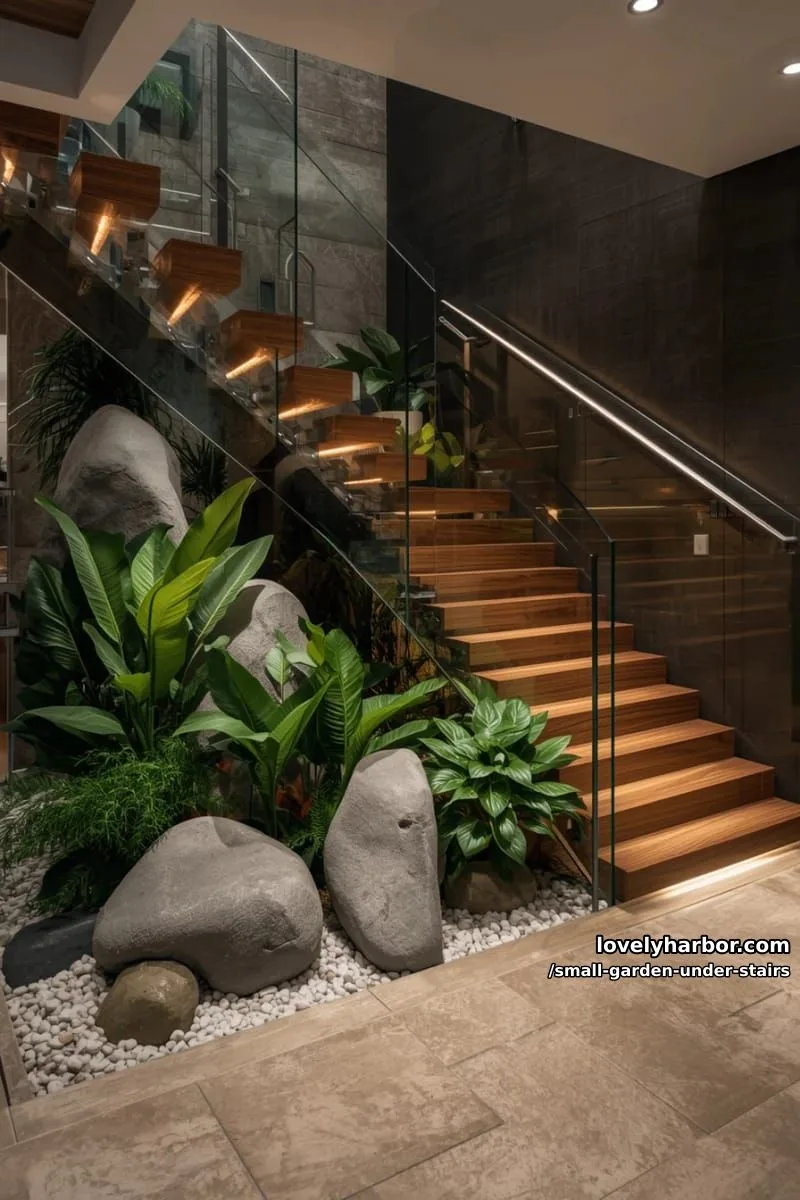 floating wooden staircase with lush garden, gray stones, and indirect lighting. 1