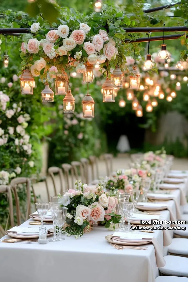 floral chandelier centerpiece suspended above a single long banquet table 1