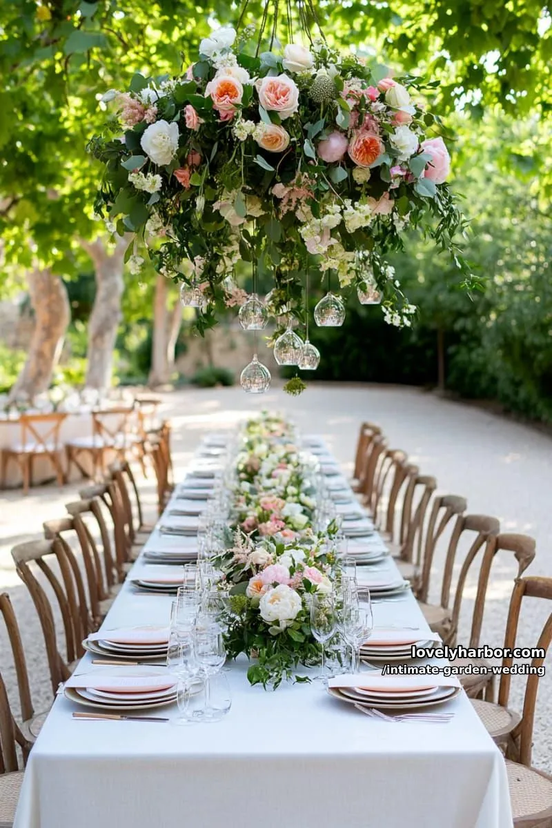 floral chandelier centerpiece suspended above a single long banquet table 1