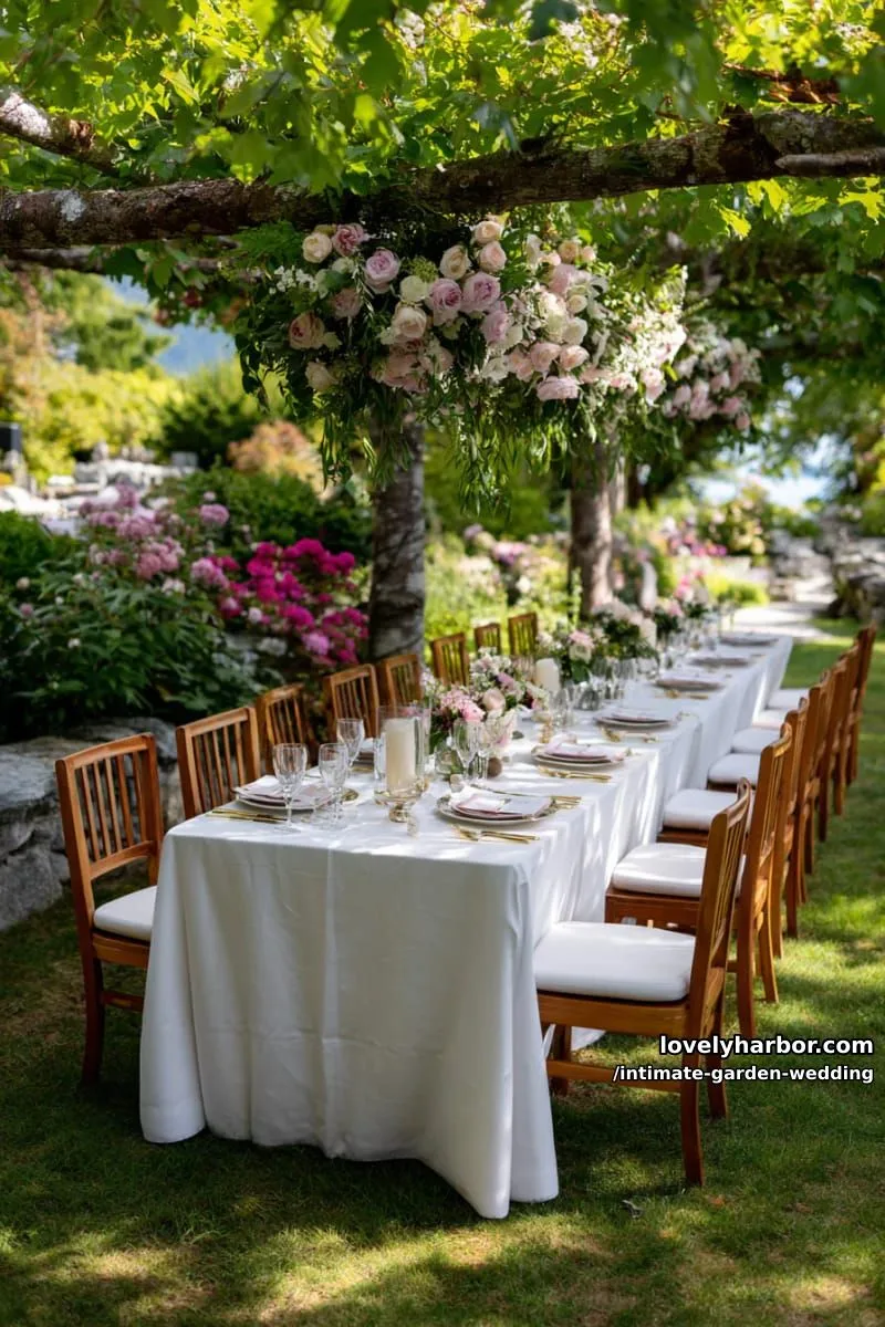 floral chandelier centerpiece suspended above a single long banquet table 1