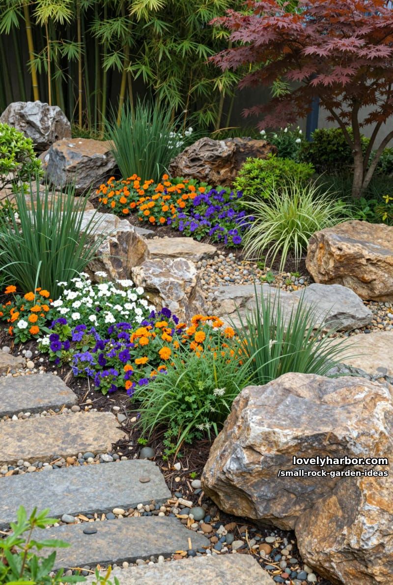 flower beds with large rocks, vibrant plants, and ornamental grasses. 1