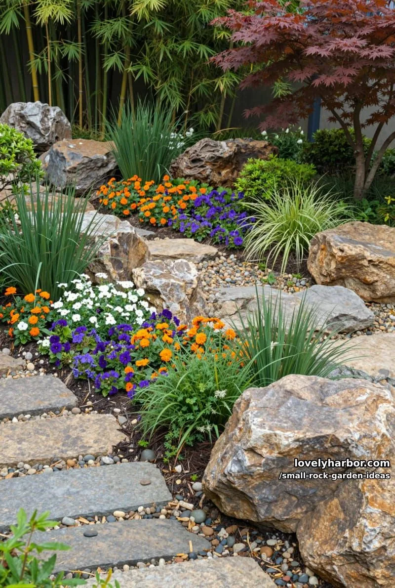 flower beds with large rocks, vibrant plants, and ornamental grasses. 1