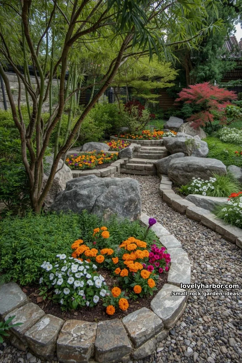 flower beds with large rocks, vibrant plants, and ornamental grasses. 1