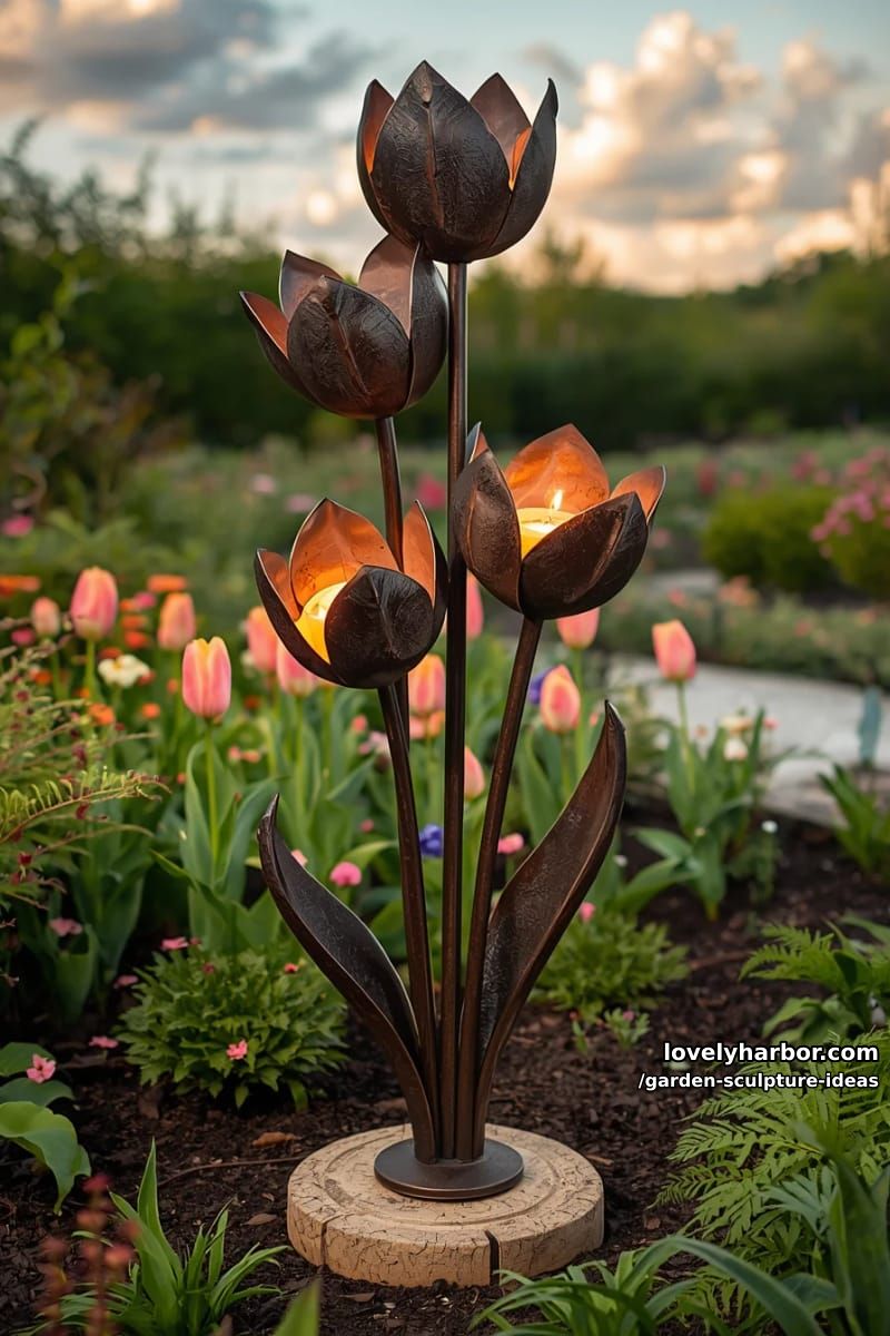flower bud-inspired metal garden lamp emitting warm orange glow. 1