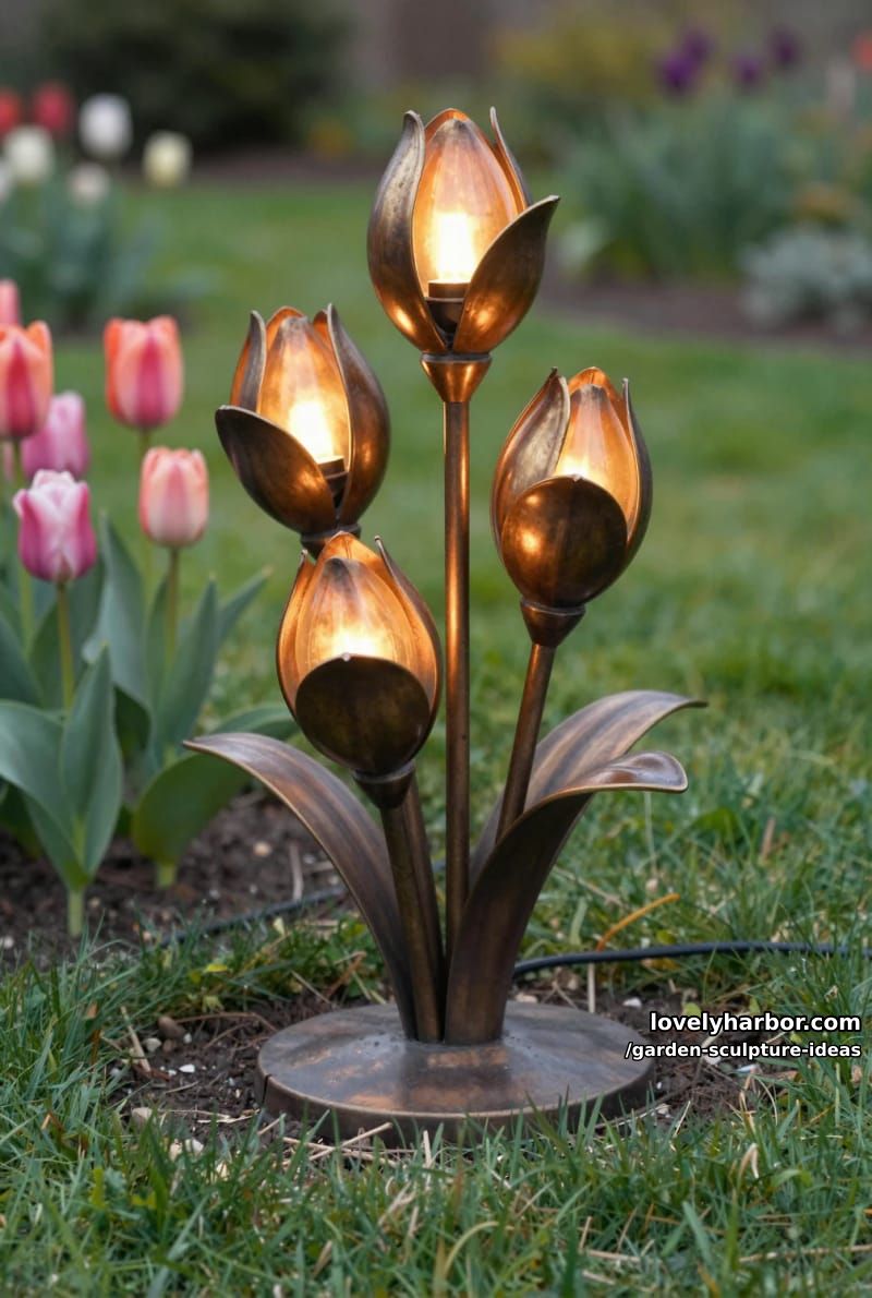 flower bud-inspired metal garden lamp emitting warm orange glow. 1