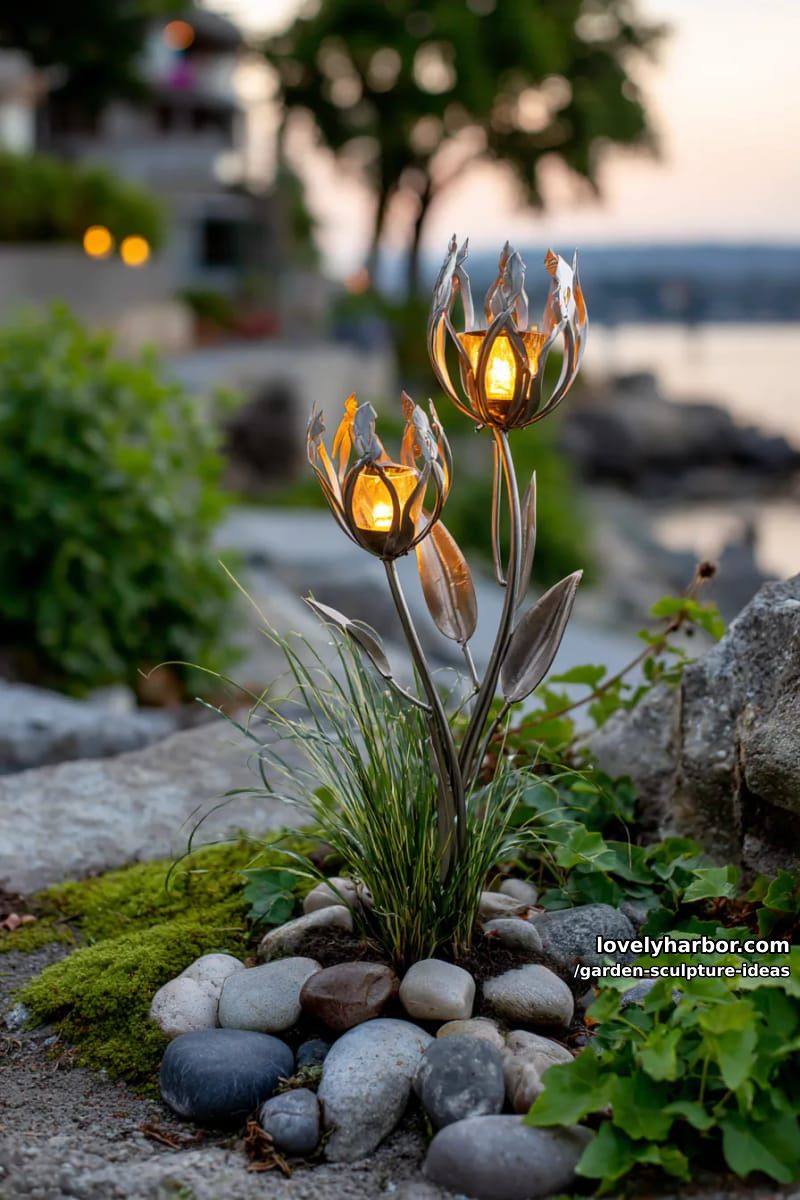 flower bud-inspired metal garden lamp emitting warm orange glow. 1