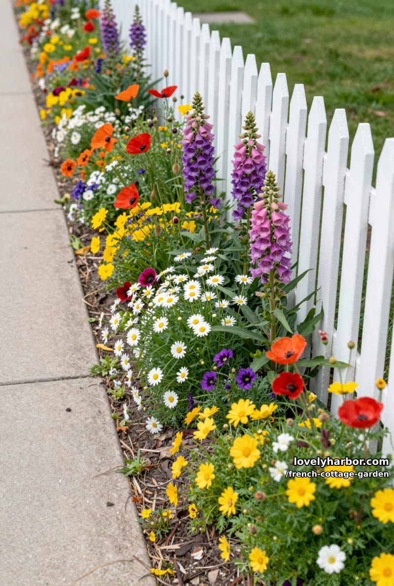 flower-filled garden along white picket fence with wildflowers and sidewalk 1