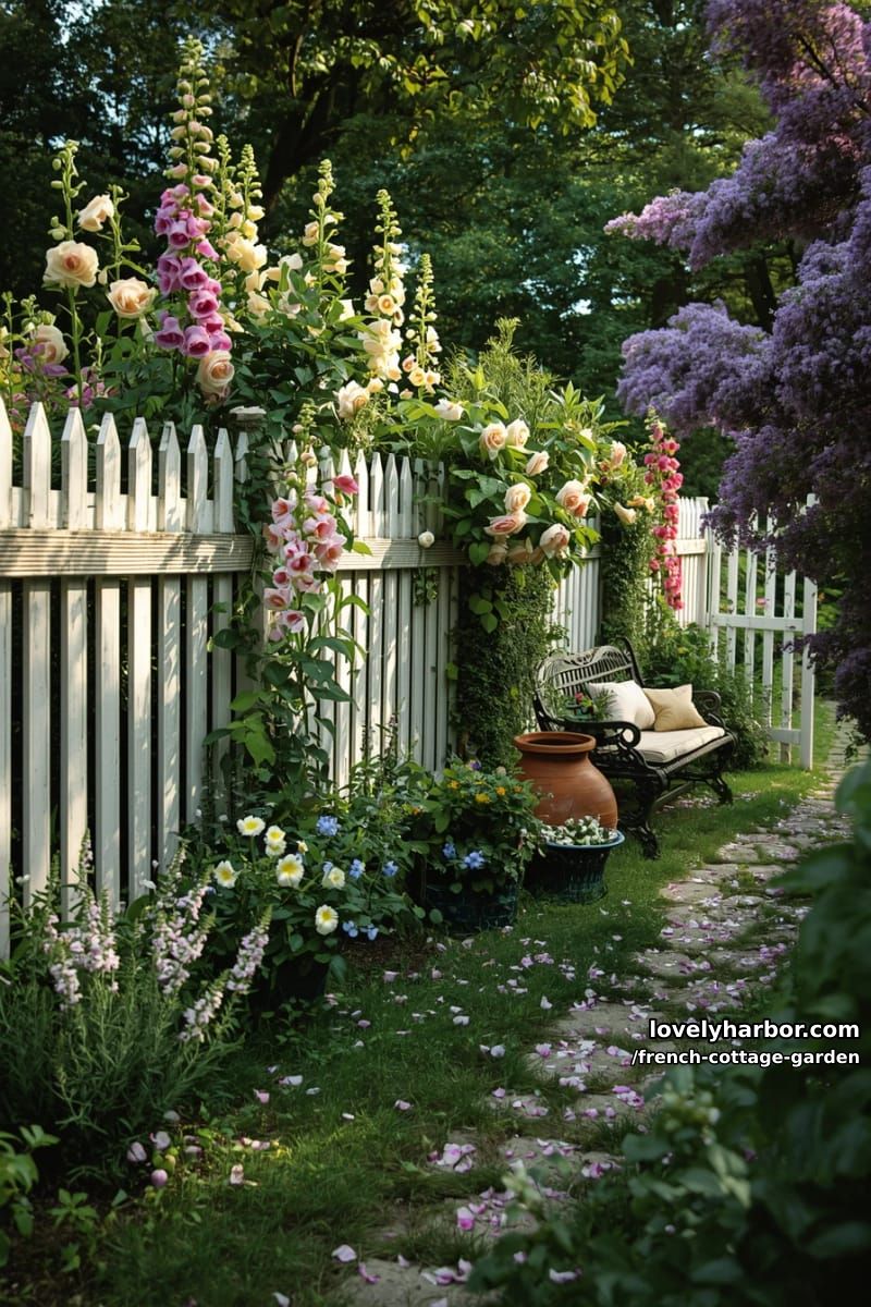 flower-filled garden along white picket fence with wildflowers and sidewalk 1