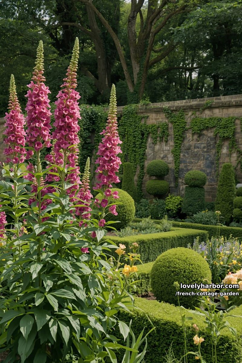 flower-filled garden with hedges and stone wall 1