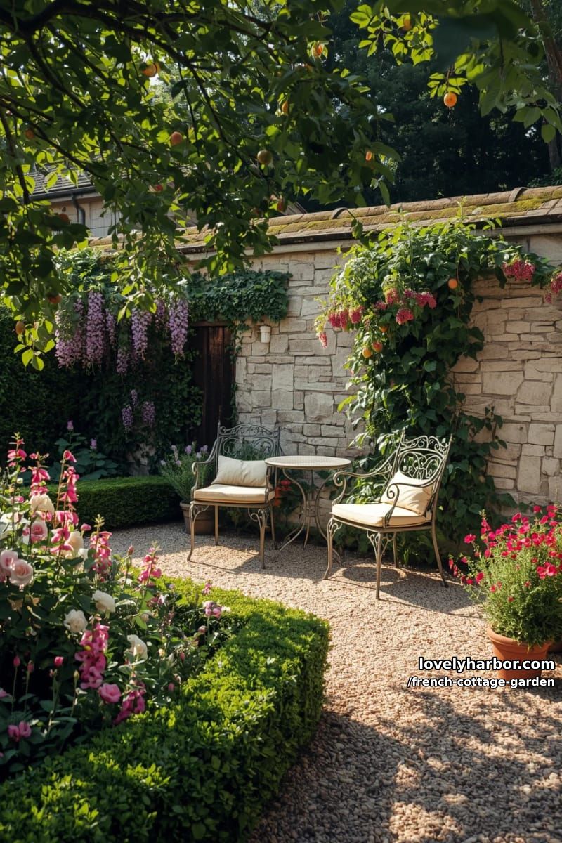 flower-filled garden with hedges and stone wall 1