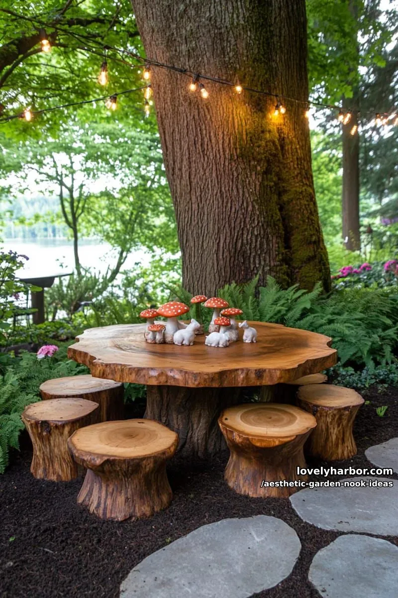 15 Aesthetic Garden Nook Ideas to Inspire Your Outdoor Escape 32 forest-inspired nook with wooden stump seating and mushroom decorations 1