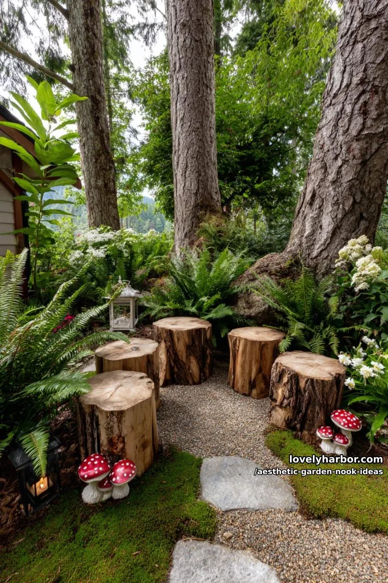 15 Aesthetic Garden Nook Ideas to Inspire Your Outdoor Escape 33 forest-inspired nook with wooden stump seating and mushroom decorations 1
