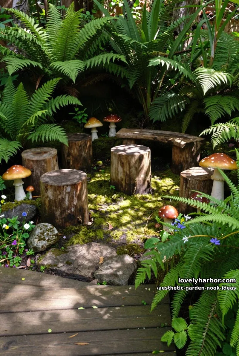 15 Aesthetic Garden Nook Ideas to Inspire Your Outdoor Escape 34 forest-inspired nook with wooden stump seating and mushroom decorations 1