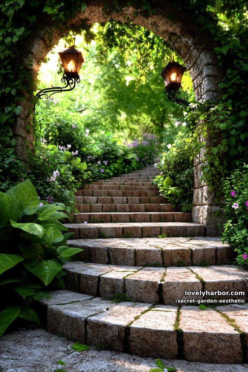 forgotten staircase covered in moss, leading to a hidden fairy portal 1