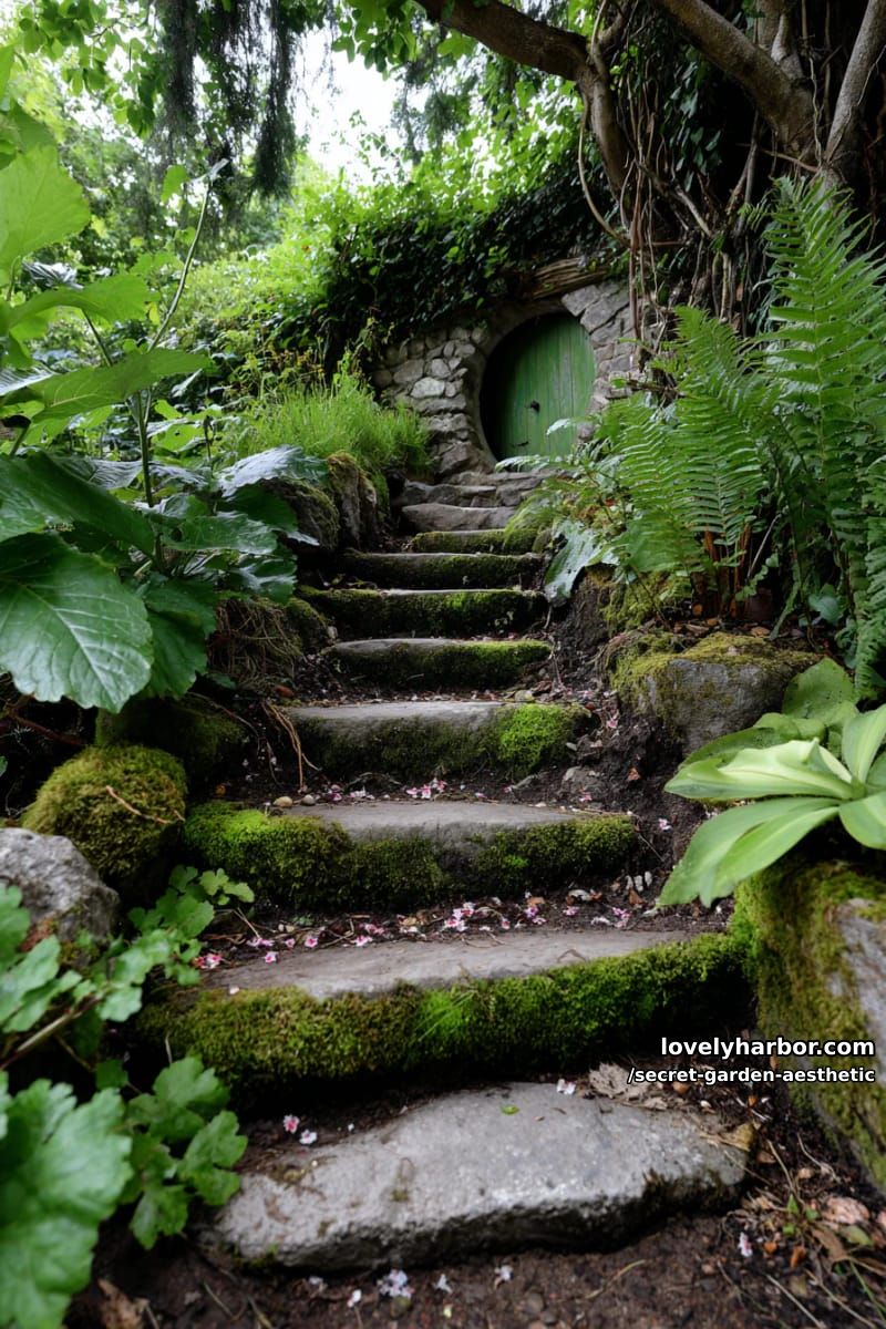 forgotten staircase covered in moss, leading to a hidden fairy portal 1
