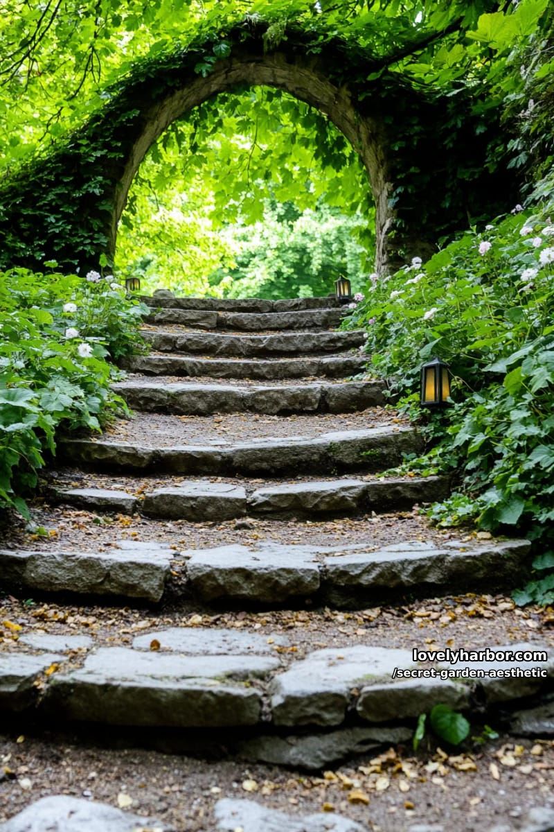 forgotten staircase covered in moss, leading to a hidden fairy portal 1