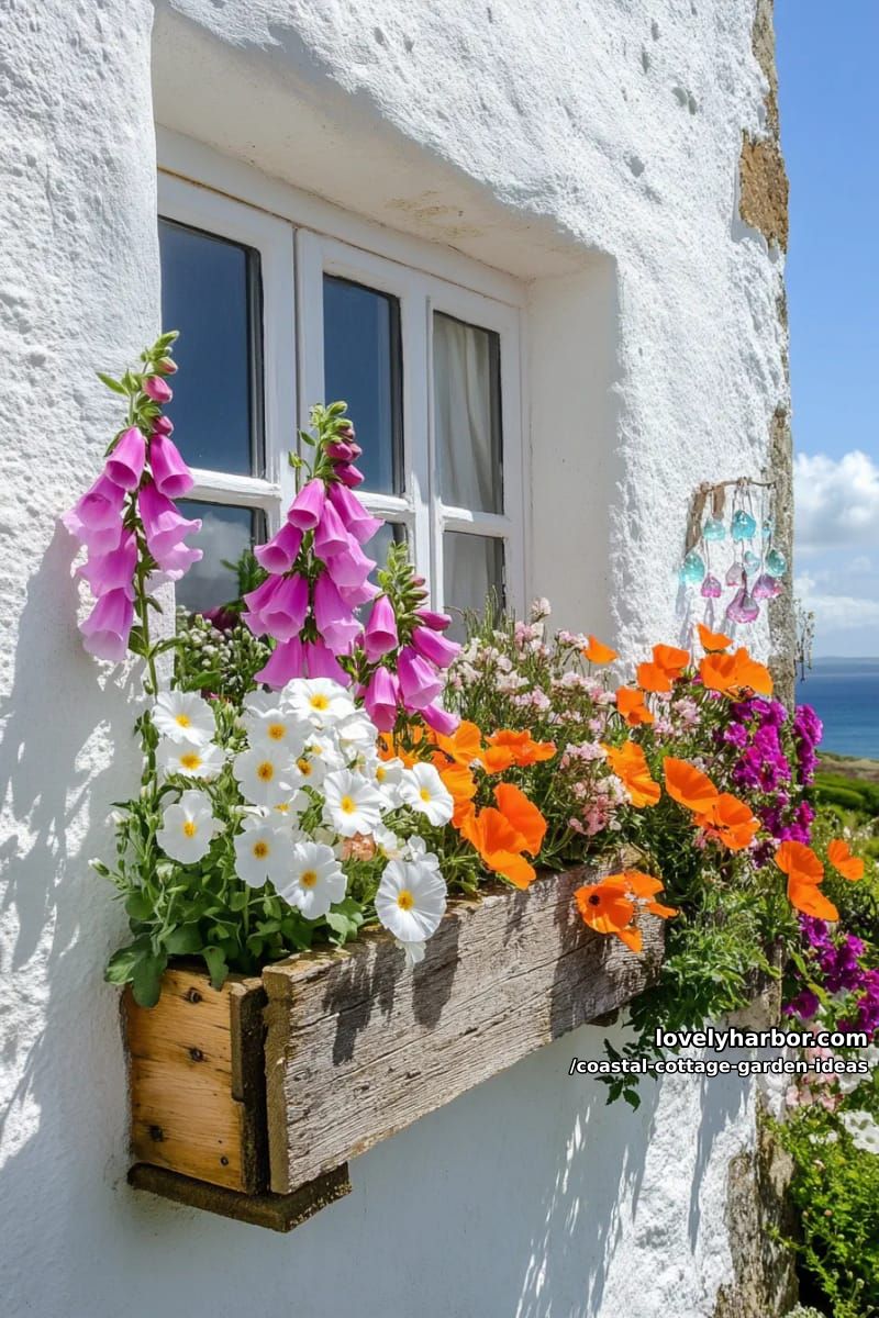 frame cottage windows with overflowing foxgloves, daisies, and seaside poppies 1