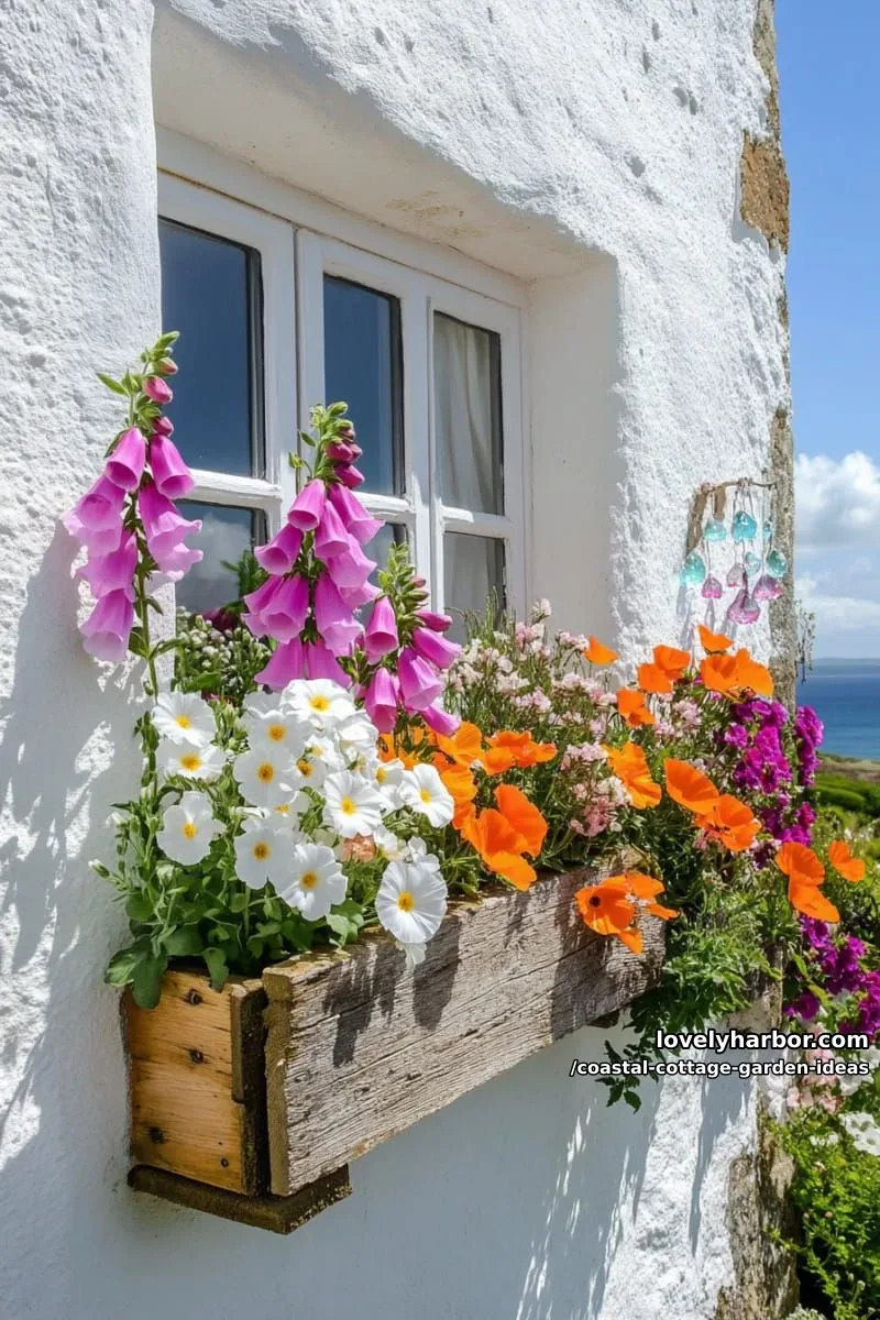 frame cottage windows with overflowing foxgloves, daisies, and seaside poppies 1