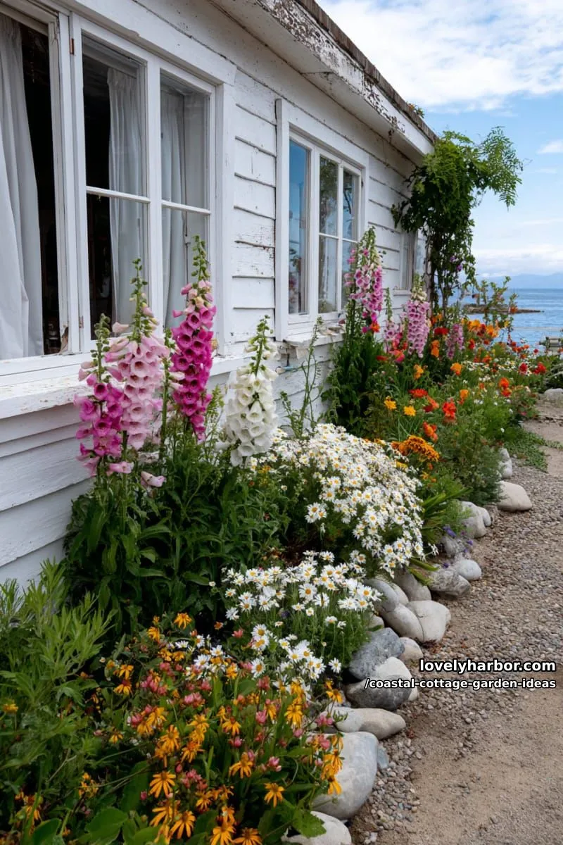 frame cottage windows with overflowing foxgloves, daisies, and seaside poppies 1