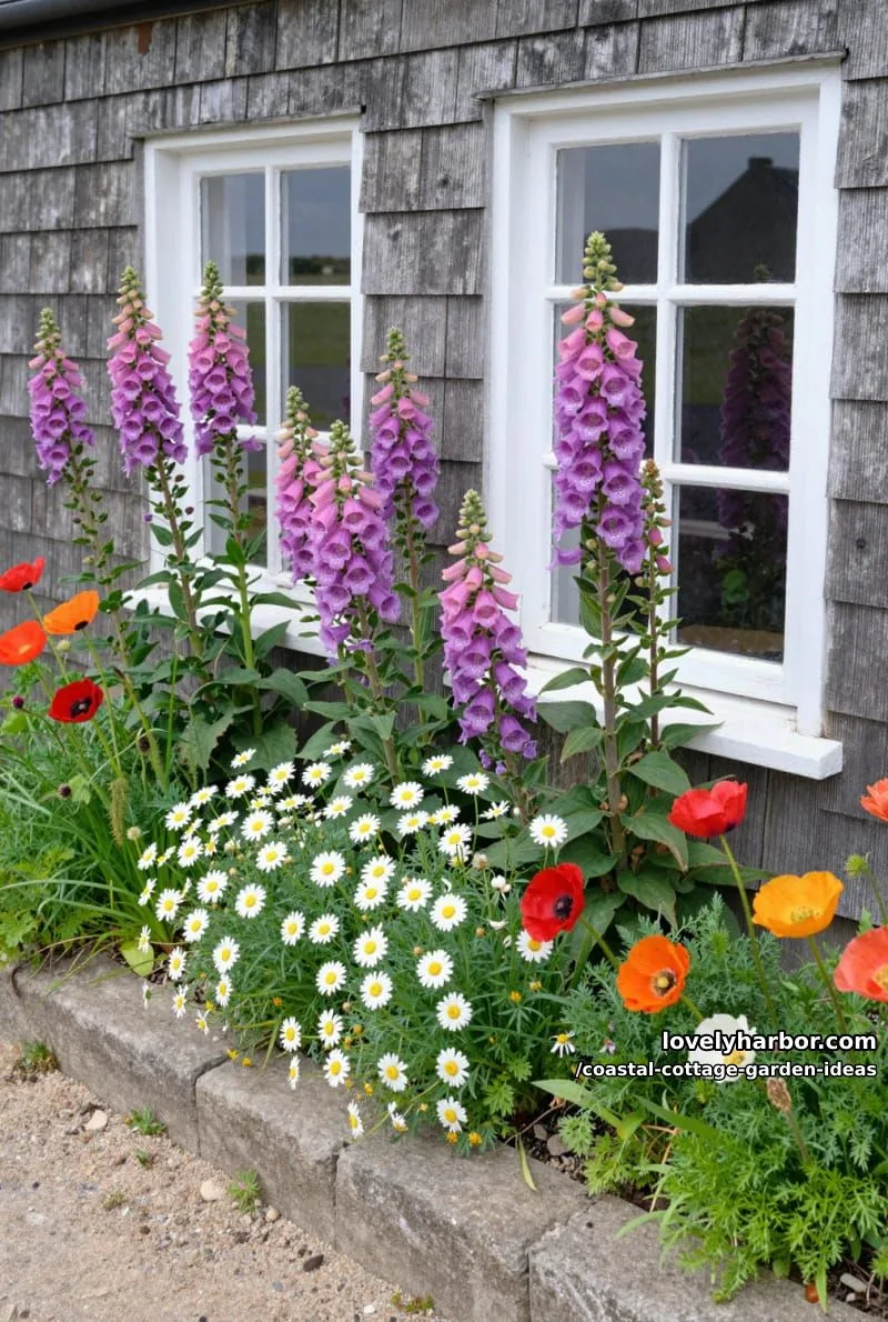 frame cottage windows with overflowing foxgloves, daisies, and seaside poppies 1