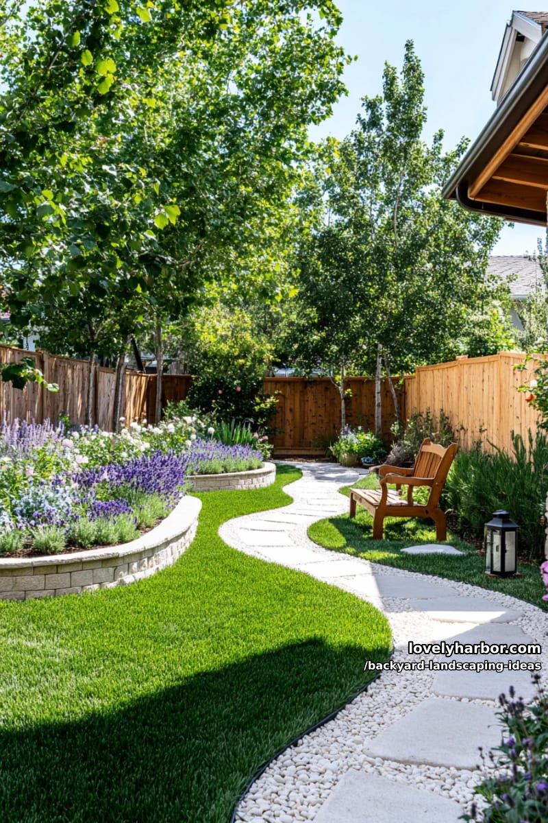frame walkways with white pebbles and circular raised flower beds. 1
