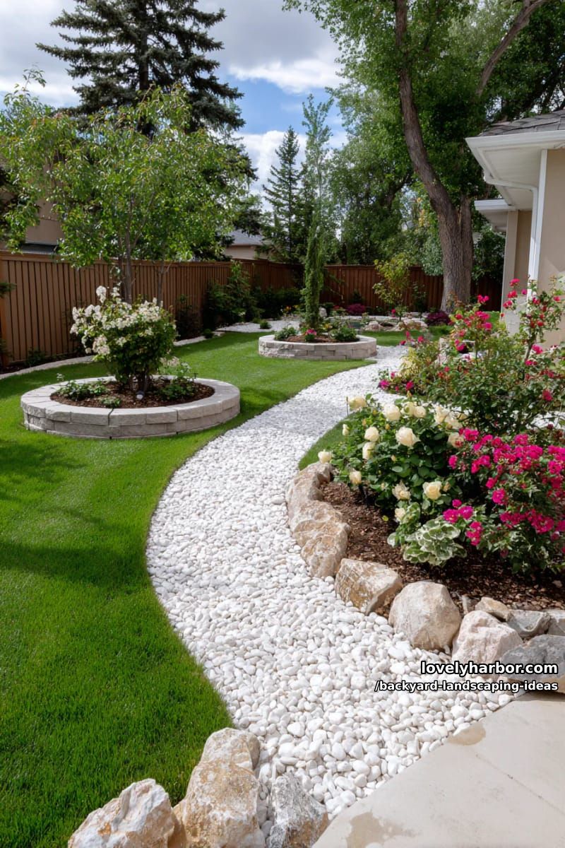 frame walkways with white pebbles and circular raised flower beds. 1