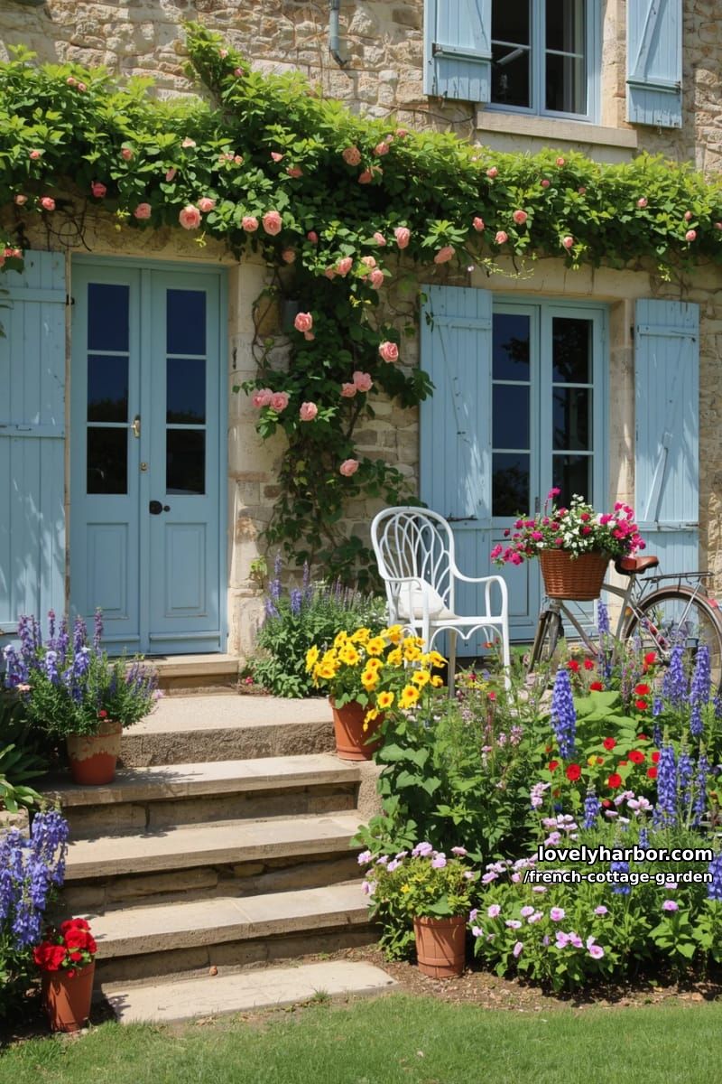 french cottage garden with blue doors, climbing roses, and abundant blooms 1