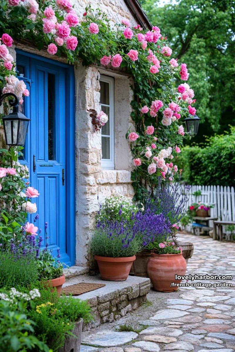 french cottage garden with blue doors, climbing roses, and abundant blooms 1