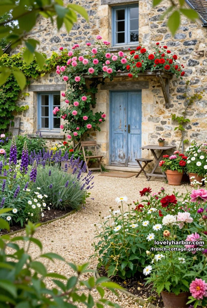 french cottage garden with blue doors, climbing roses, and abundant blooms 1