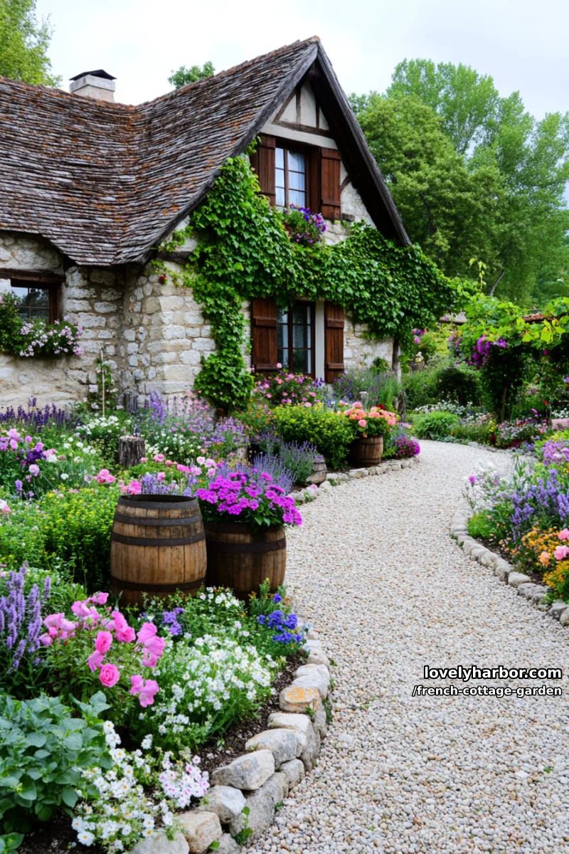 french cottage garden with stone house, climbing vines, and flower-filled barrels 1