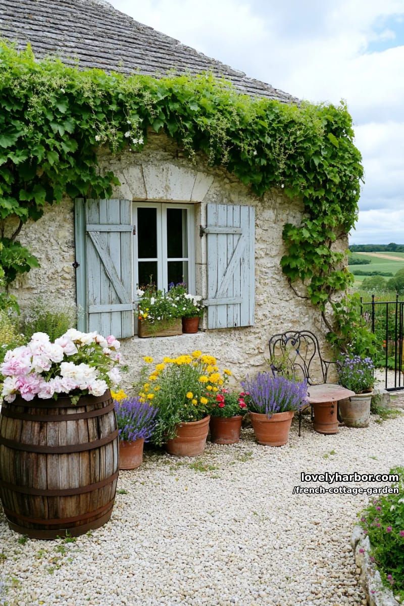 french cottage garden with stone house, climbing vines, and flower-filled barrels 1