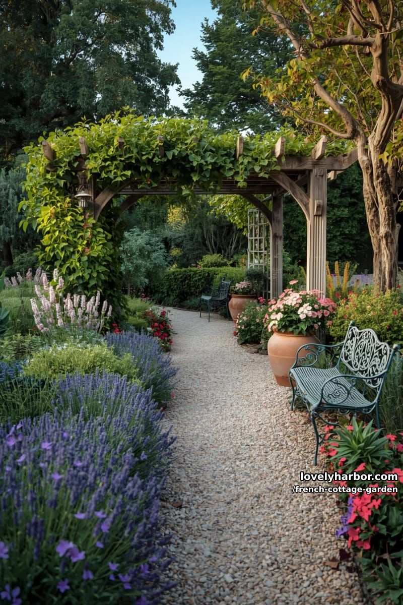 french cottage garden with winding path, flower beds, arbor, and benches 1
