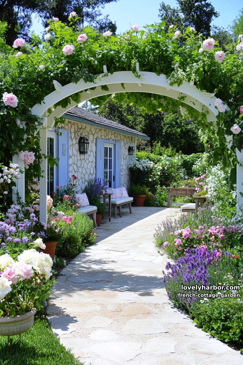 french cottage garden with winding path, flower beds, arbor, and benches 1