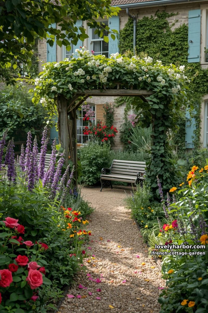 french cottage garden with winding path, flower beds, arbor, and benches 1