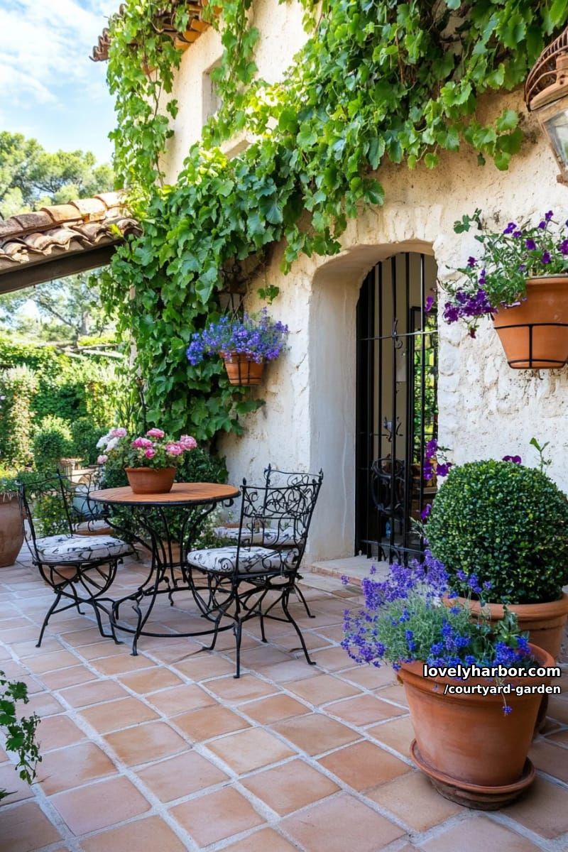 french courtyard with terracotta tiles, bistro seating, and climbing vines 1