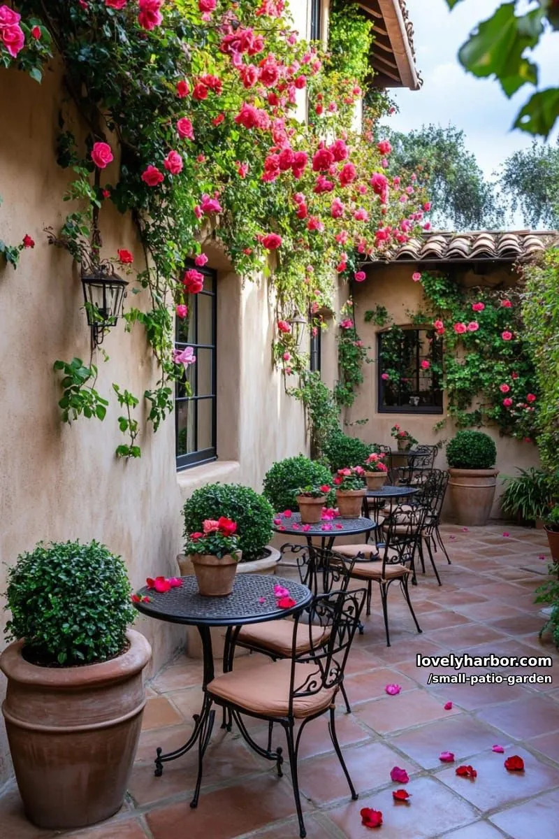 french courtyard with terracotta tiles, bistro tables, topiary, and climbing roses. 1