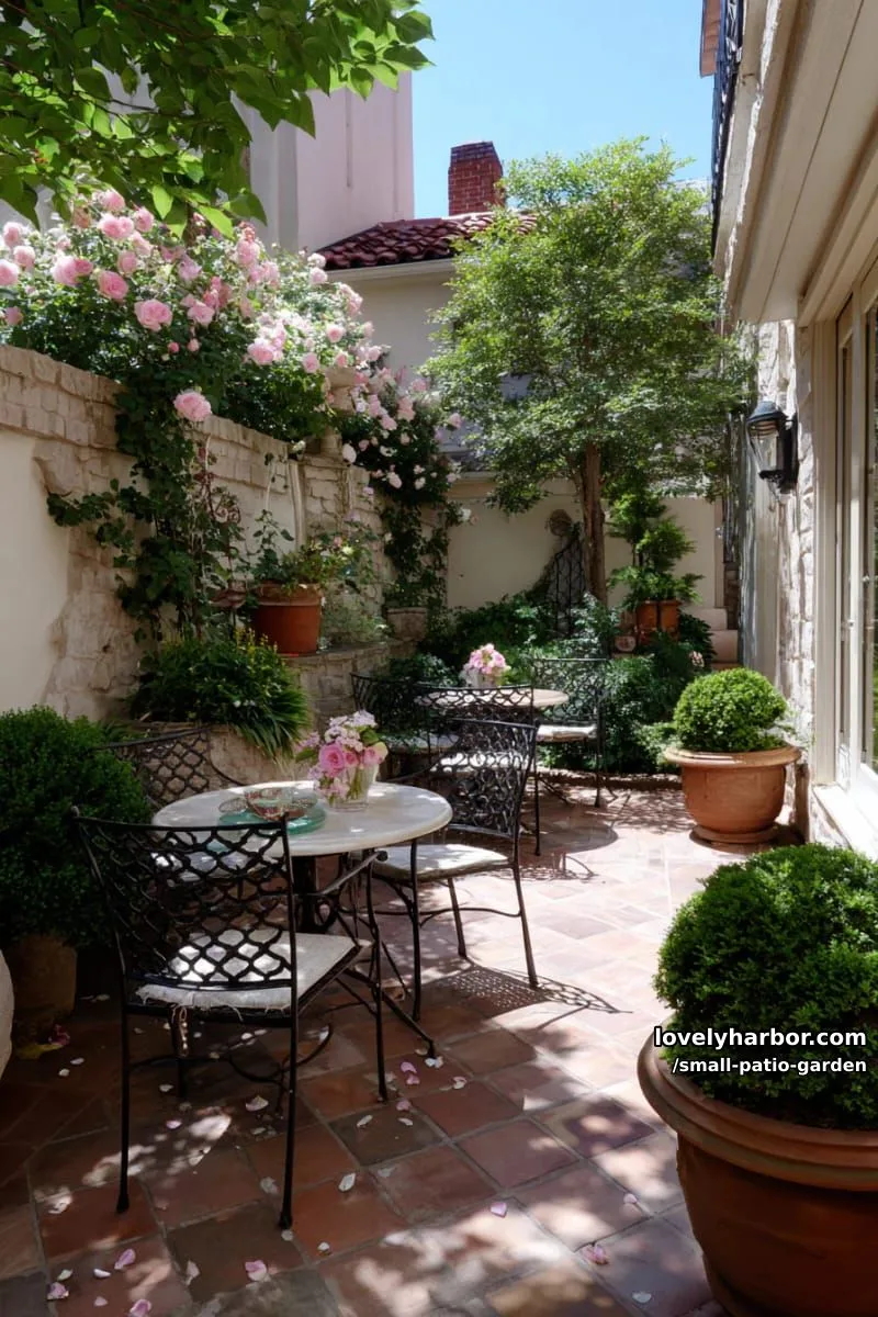 french courtyard with terracotta tiles, bistro tables, topiary, and climbing roses. 1