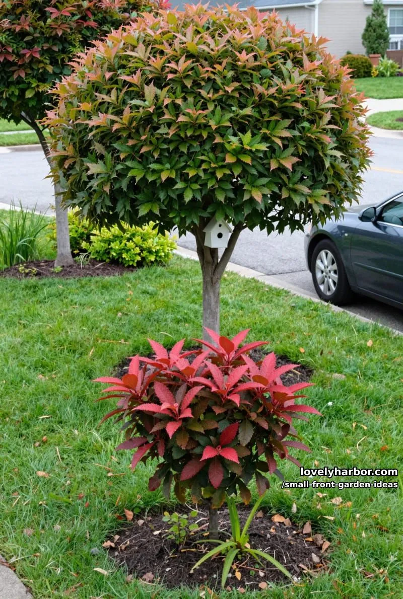 front yard with ornamental trees, manicured grass, and birdhouse. 1