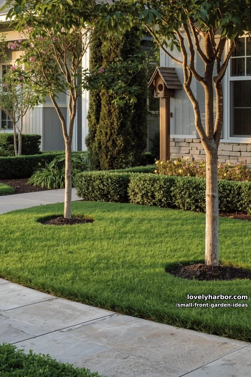 front yard with ornamental trees, manicured grass, and birdhouse. 1