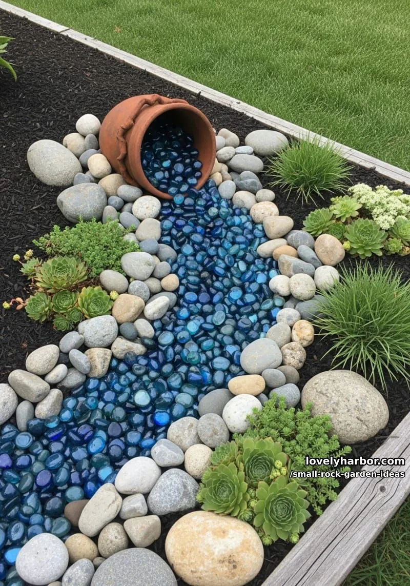 garden bed with blue glass stone creek and overturned terracotta pot. 1