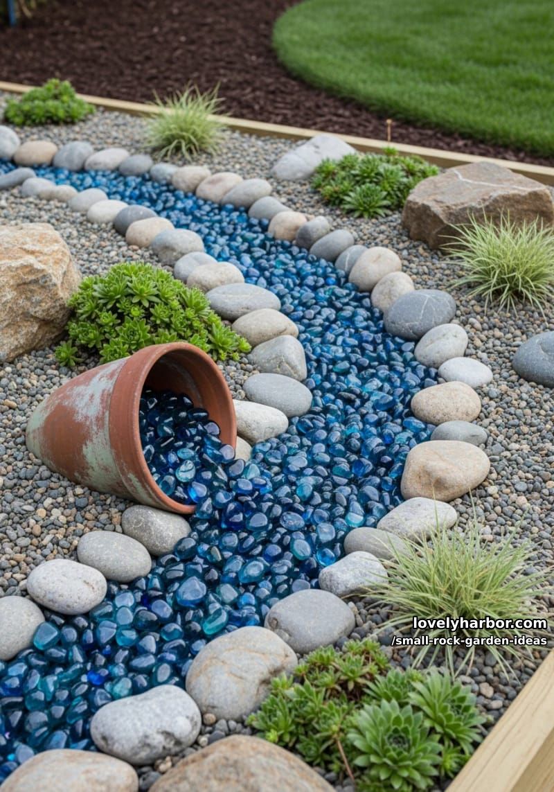 garden bed with blue glass stone creek and overturned terracotta pot. 1