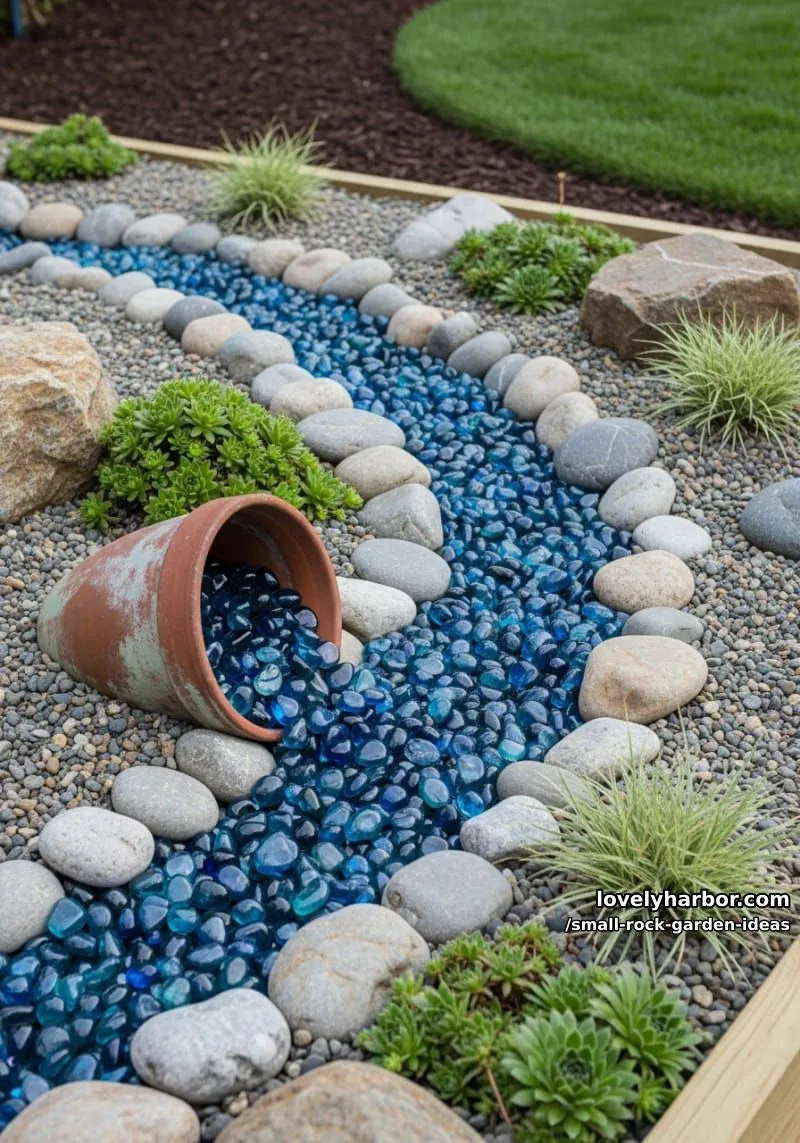 garden bed with blue glass stone creek and overturned terracotta pot. 1