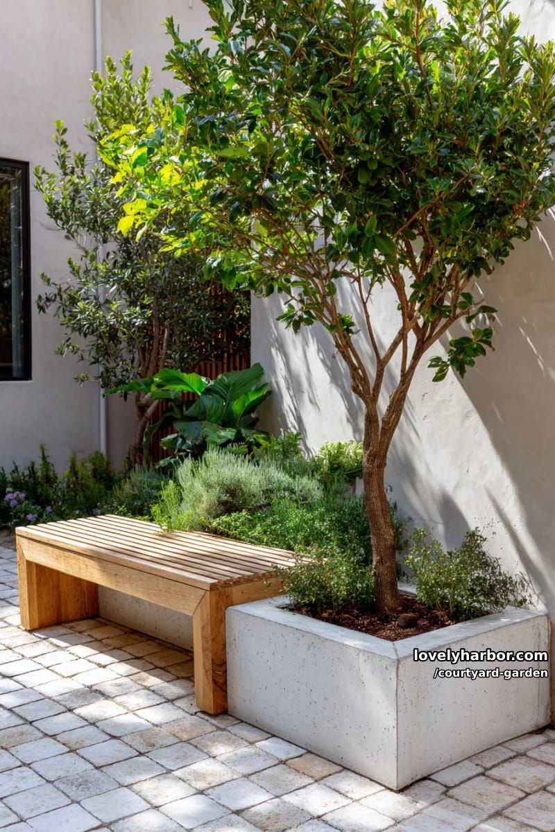 garden corner with built-in planter, wooden bench, and minimal greenery 1