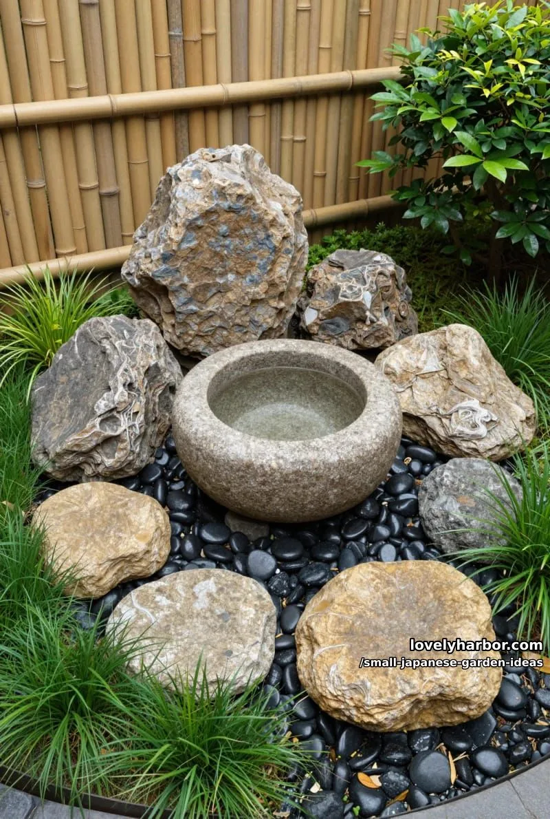 garden corner with stone water basin, rocks, river pebbles, bamboo, and greenery. 1