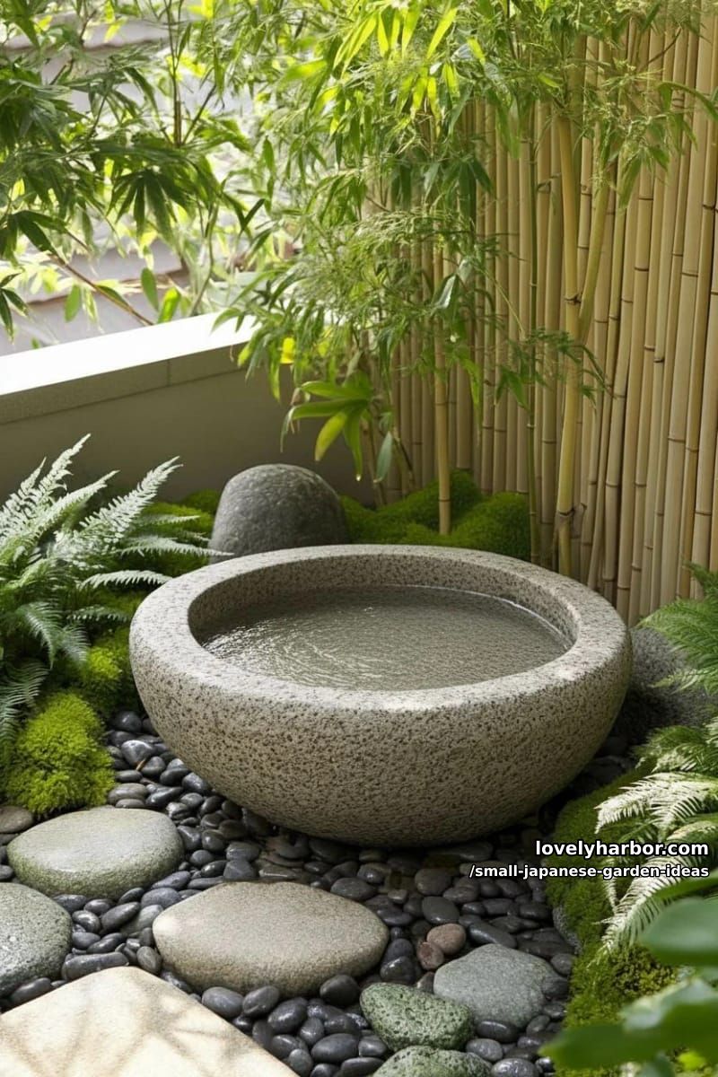 garden corner with stone water basin, rocks, river pebbles, bamboo, and greenery. 1