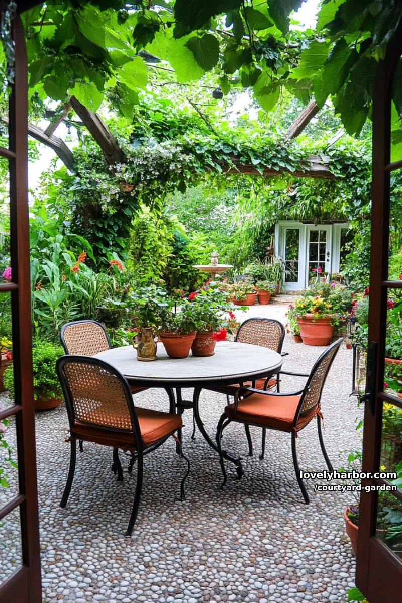 garden courtyard viewed through glass doors with central table and dense greenery 1