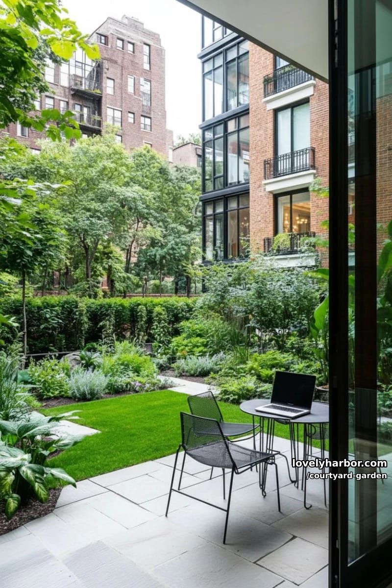 garden courtyard viewed through glass doors with central table and dense greenery 1