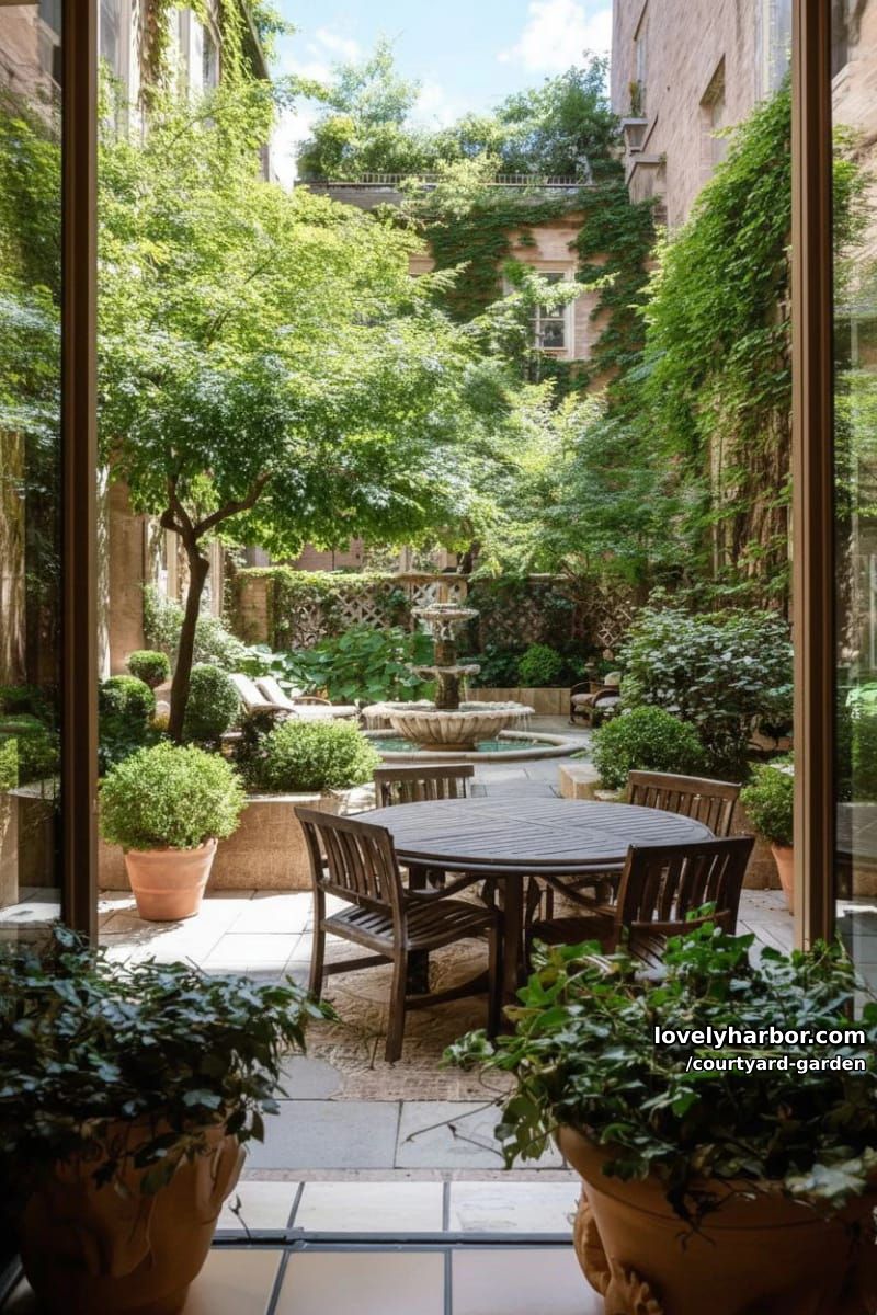 garden courtyard viewed through glass doors with central table and dense greenery 1