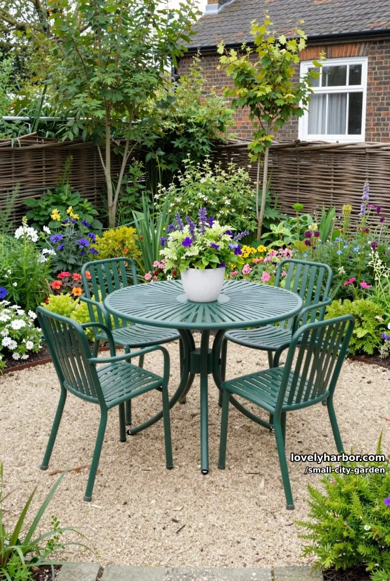 20 Small City Garden To Transform Your Space 4 garden dining area with green metal table, colorful flower beds, and willow fencing. 1