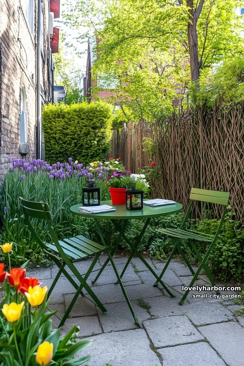 20 Small City Garden To Transform Your Space 5 garden dining area with green metal table, colorful flower beds, and willow fencing. 1